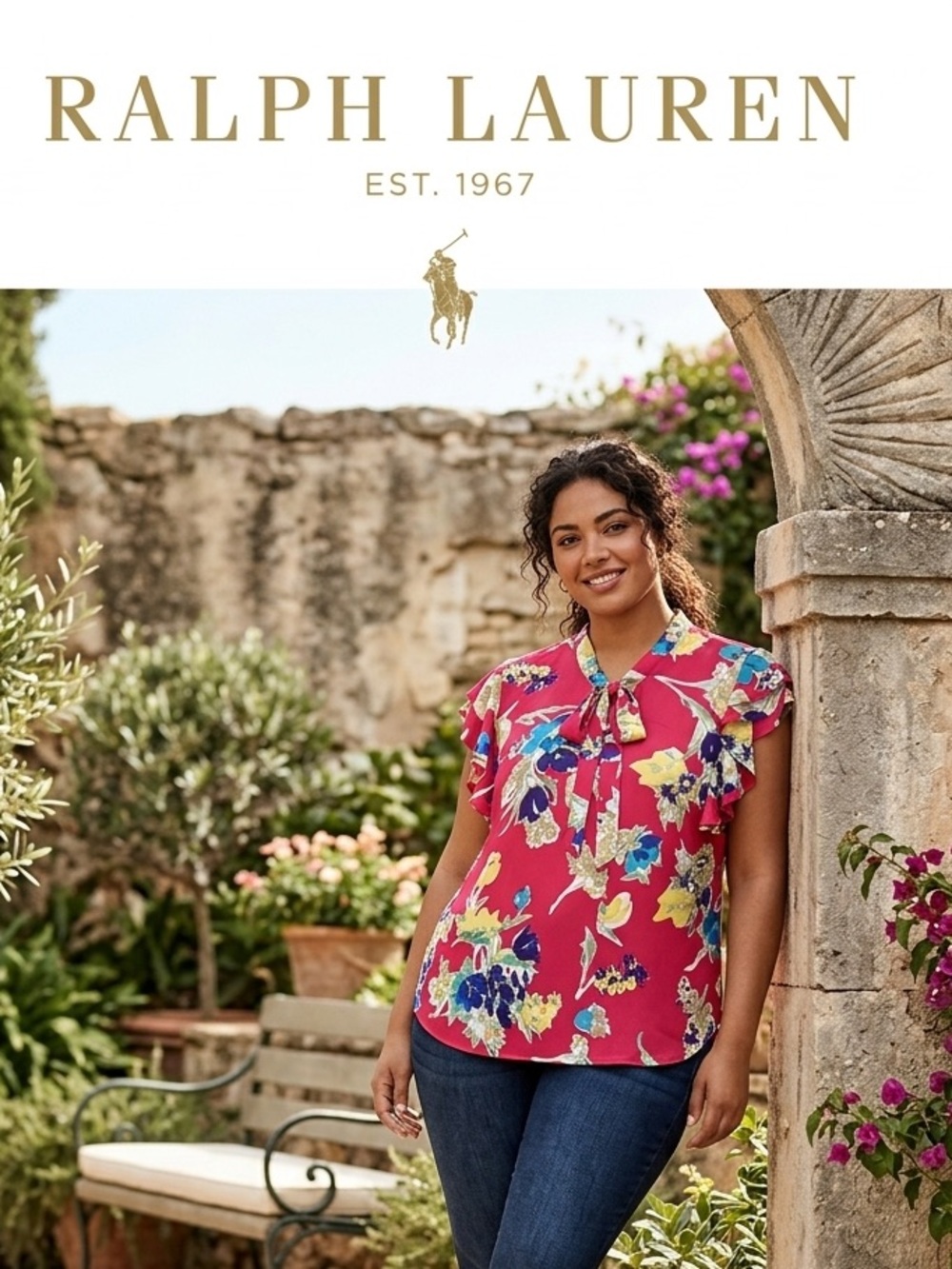 Ralph Lauren Bright Pink Floral Tie-Neck Blouse